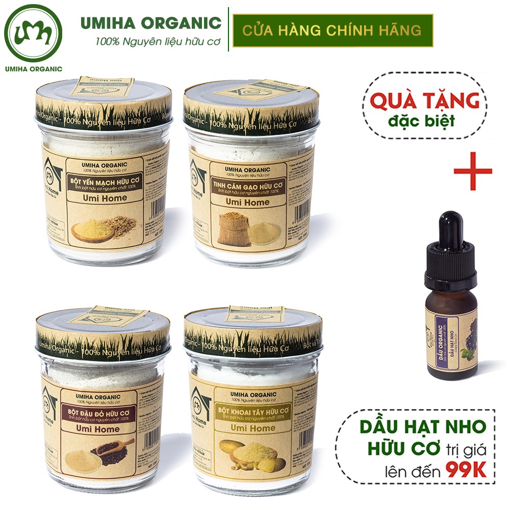 Combo 4 Bột hữu cơ UMIHA gồm Bột Cám Gạo - Bột Đậu Đỏ - Yến Mạch - Khoai Tây (125g x 4) nguyên chất - Tặng Dầu Nho 10ml