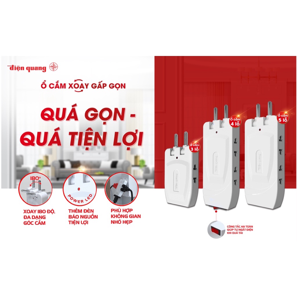 Ổ cắm xoay gấp gọn Điện Quang ĐQ ESK RT - Phích cắm chia 3 chia 5