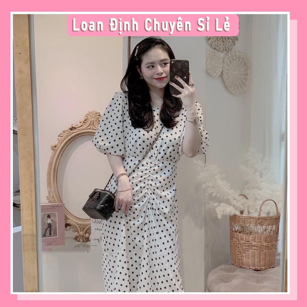 Đầm Chấm Rúm Eo Khóa Lưng