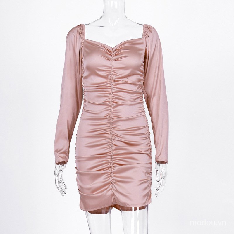 Đầm dự tiệc tay dài trễ vai chất satin thiết kế thanh lịch cho nữ