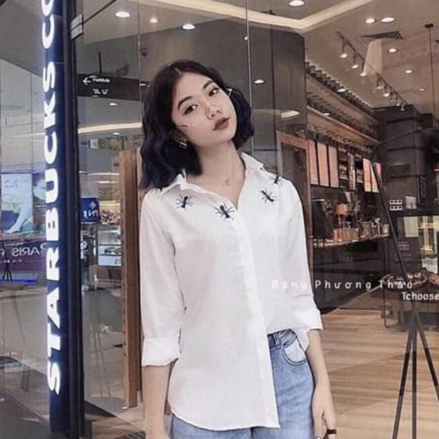 Shop Bán Áo Sơ Mi Nam Nữ vải lụa thêu kiến Hot Hit dài tay form rộng dài freesize màu trắng thời trang hiện đại giá rẻ