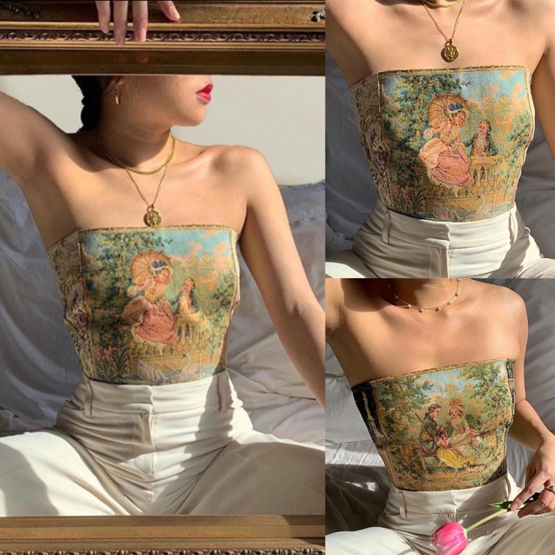 Áo croptop không dây có dây cột phong cách retro gợi cảm dành cho nữ