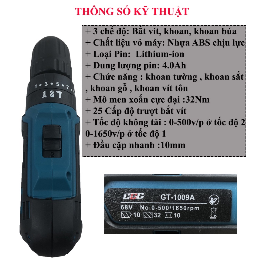 Máy khoan pin 3 chức năng GGG- 1009A, khoan gỗ, tháo vặn vít, có búa khoan tường, tặng kèm bộ phụ kiện 25 chi tiết
