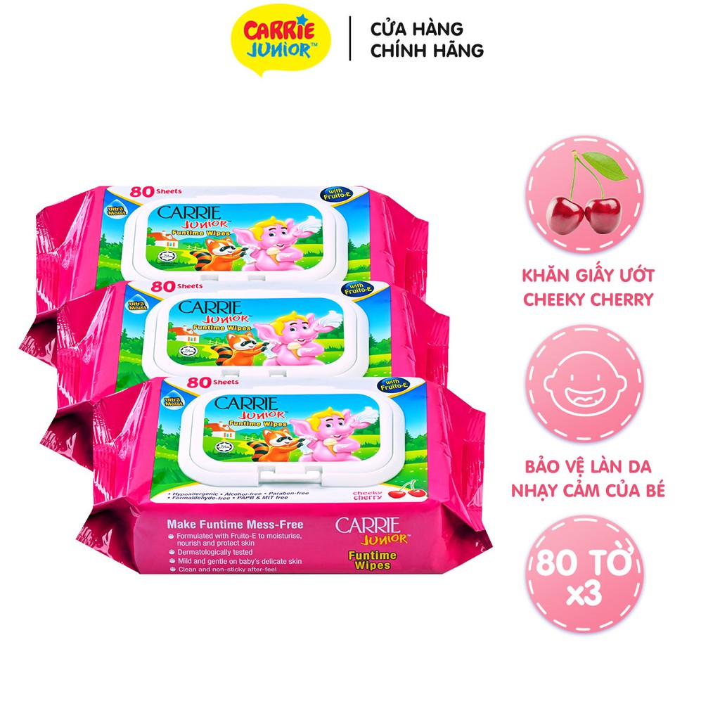 Combo 3 Gói Khăn Giấy Ướt Carrie Junior Funtime Cheeky Cherry 80 tờ/gói