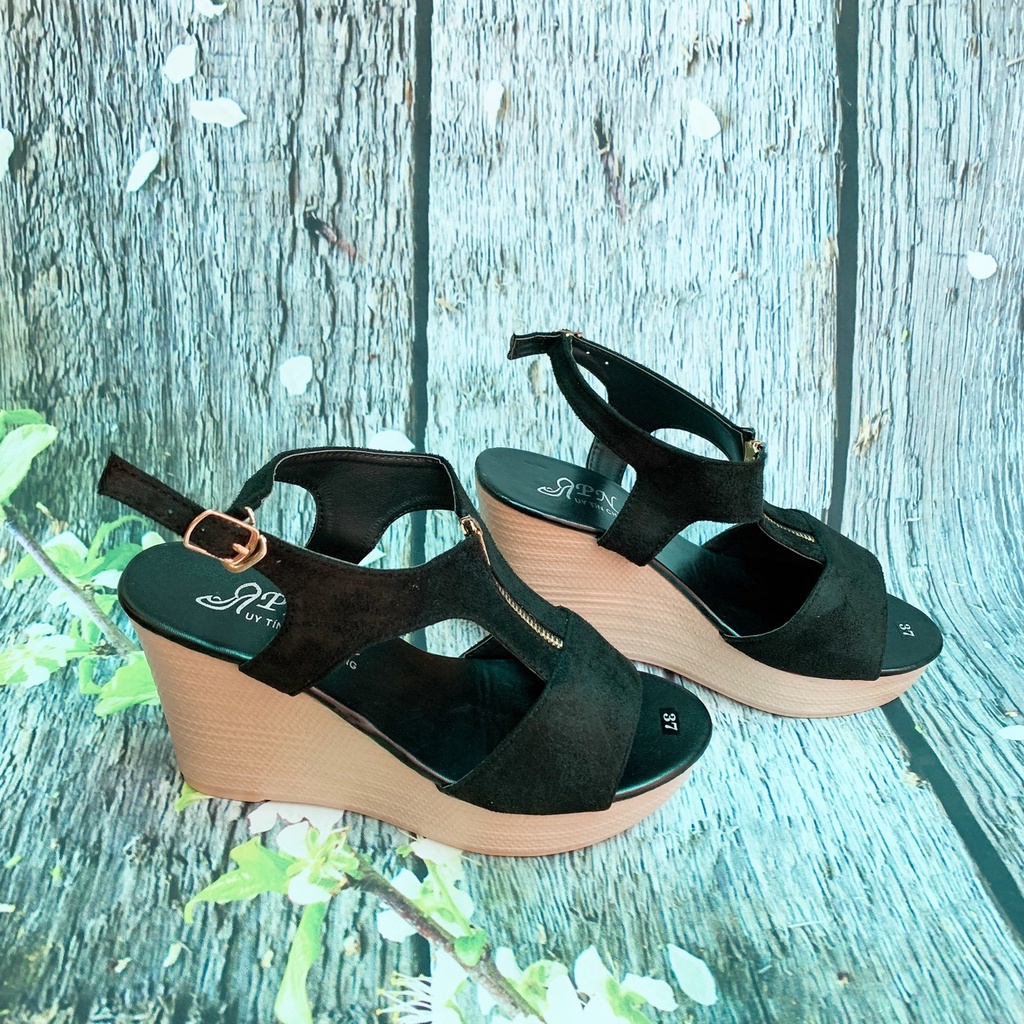 Giày sandal cao gót đế xuồng 9cm dây kéo đen