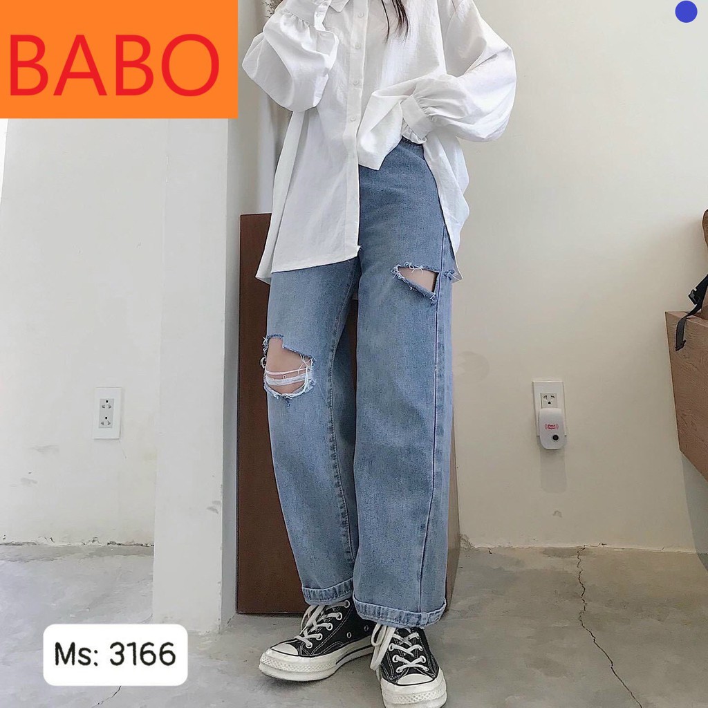 QUẦN JEAN ỐNG RỘNG NỮ LƯNG CAO RÁCH GỐI TO VẠT MÀU XANH NHẠT CAO CẤP BABO ĐỦ SIZE S, M, L LAI CUỐN SIÊU HOT