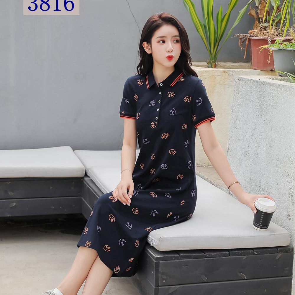 Đầm thun cotton suông Polo, ngắn tay, hàng chính hãng, dáng dài trùm gối (45kg-80kg)