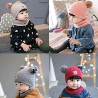 Set khăn mũ 2 quả bông cho bé