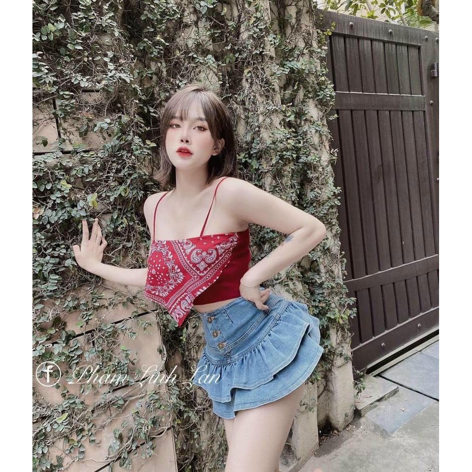 Chân váy xòe hai tầng lưng cao PINKSTORE29, chất denim đường phố CÁ TÍNH C024