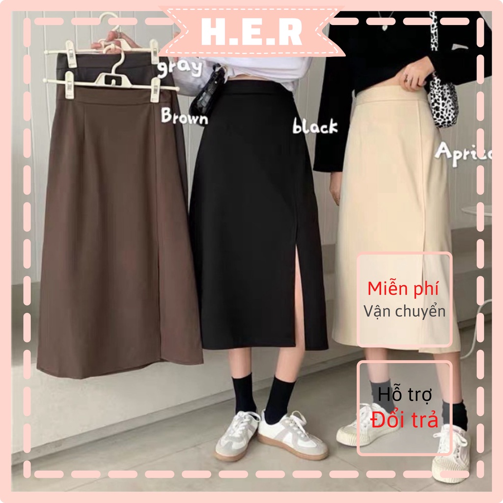 Chân váy Chữ A Xẻ tà Dáng dài Chất liệu Vitex có Quần trong Khóa kéo mặc mùa đông Siêu ấm dài 70cm
