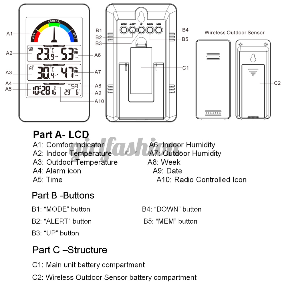 Digital LCD Thermometer Hygrometer Weather Station Wireless Indoor Outdoor Forecast Sensor Clock Comfort Indication