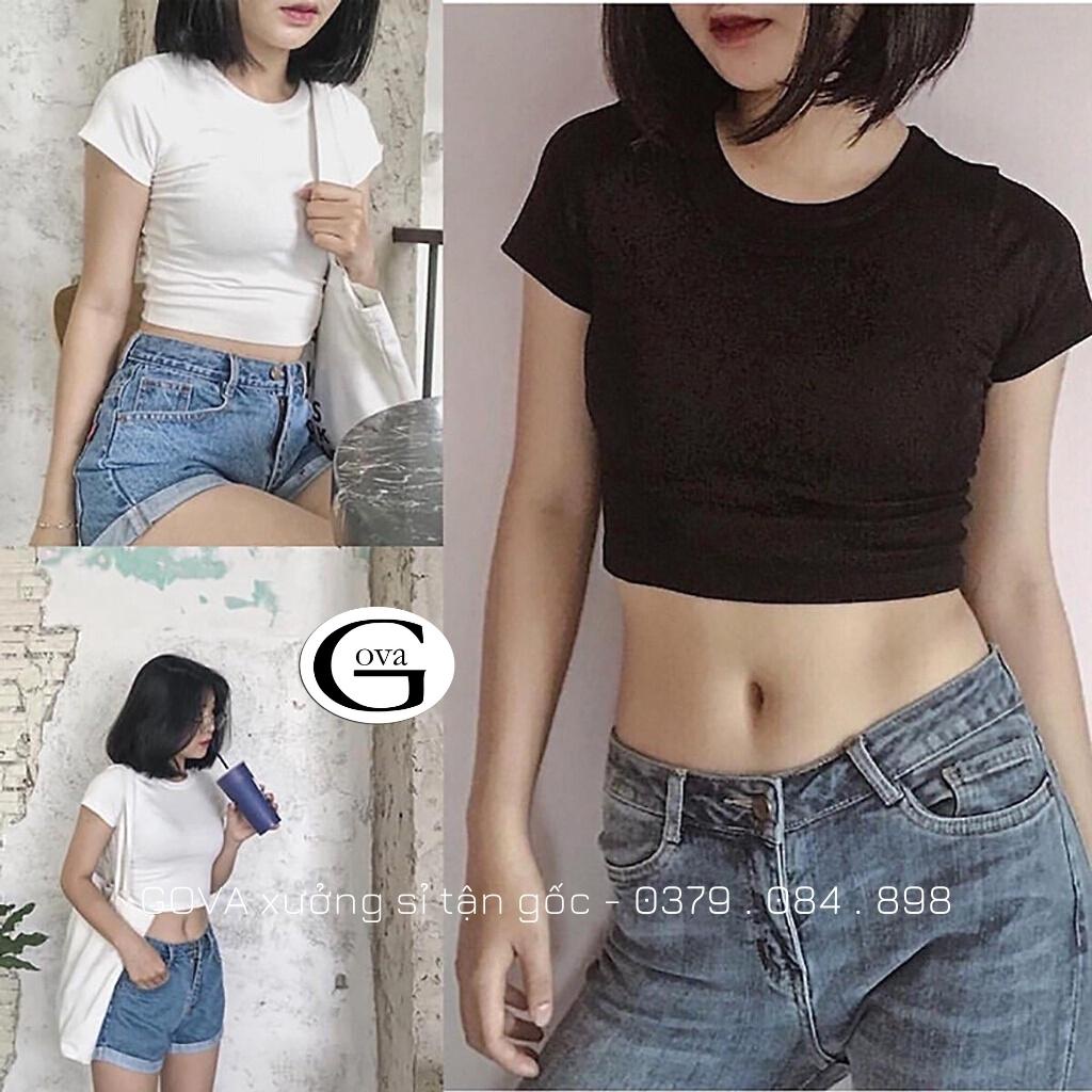 Áo Croptop TAY NGẮN CỔ TRÒN TRƠN Thun Borip Kiểu Sexy Nữ, Áo Thun Ôm Body Đẹp GOVA