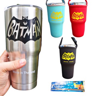 ĐỦ BỘ LY GIỮ NHIỆT BATMAN BẠC 900ML (TẶNG TÚI, 2 ỐNG HÚT, 1 CỌ)