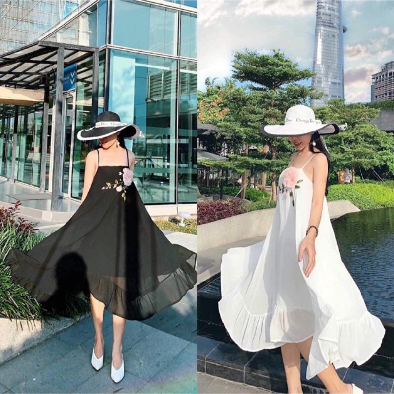 Đầm bầu 2 đây đính hoa ngực, Váy bầu suông cho mẹ mặc trước và sau sinh