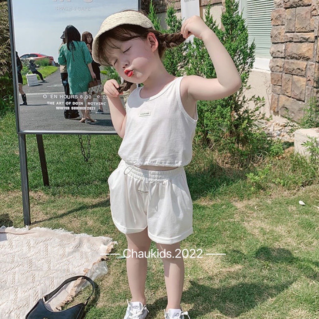Bộ ba lỗ bé gái, áo croptop Essent sát nách kèm quần đùi chất cotton tàu mát mẻ cho bé