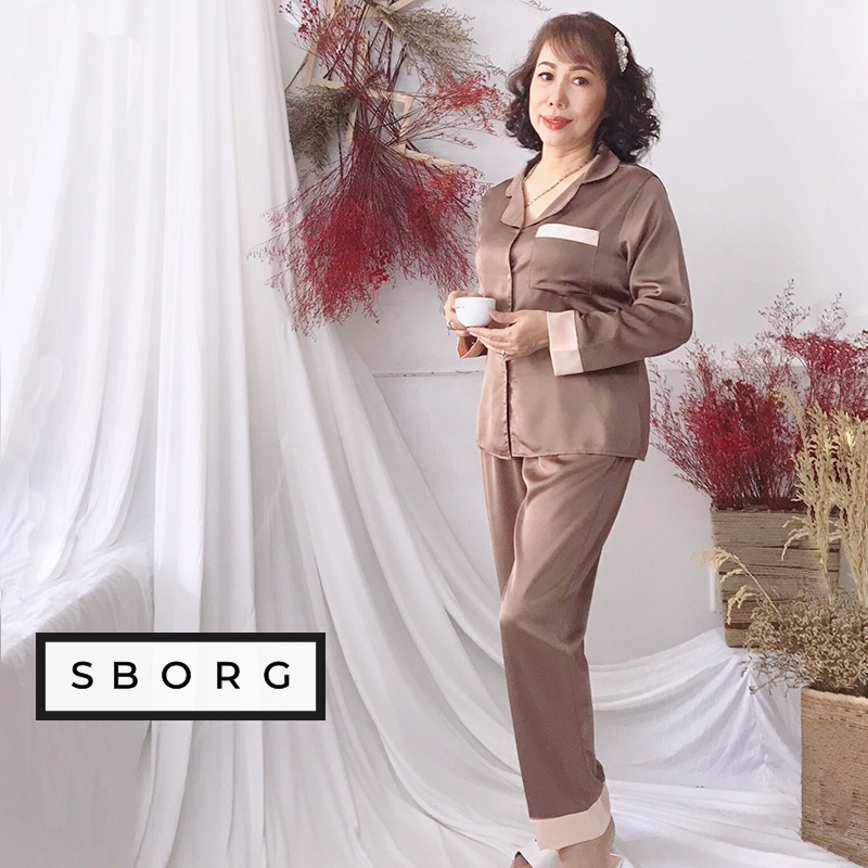Đồ trung niên SBORG bộ pijama lụa satin cao cấp phối nẹp đơn giản dài tay có túi bigsize 45-75kg quà tặng mẹ và vợ