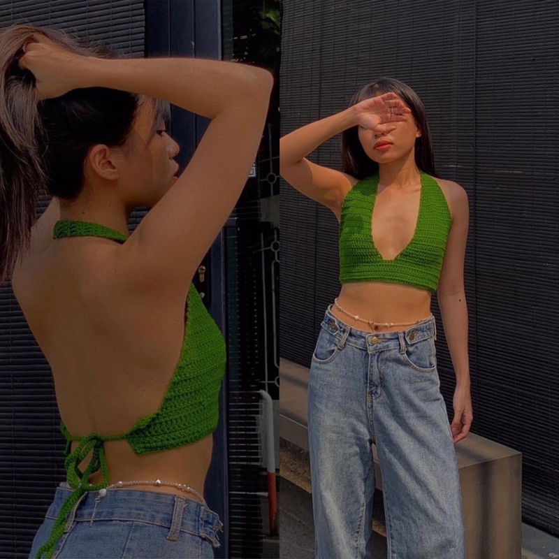 Thera Crochet-Áo bra len móc croptop cột dây sau sexy
