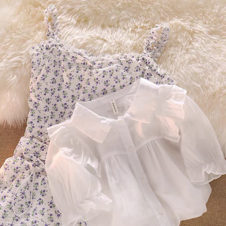 Set Váy Hoa Nhi Rút Dây Eo Mix Áo Sơ Mi Trắng