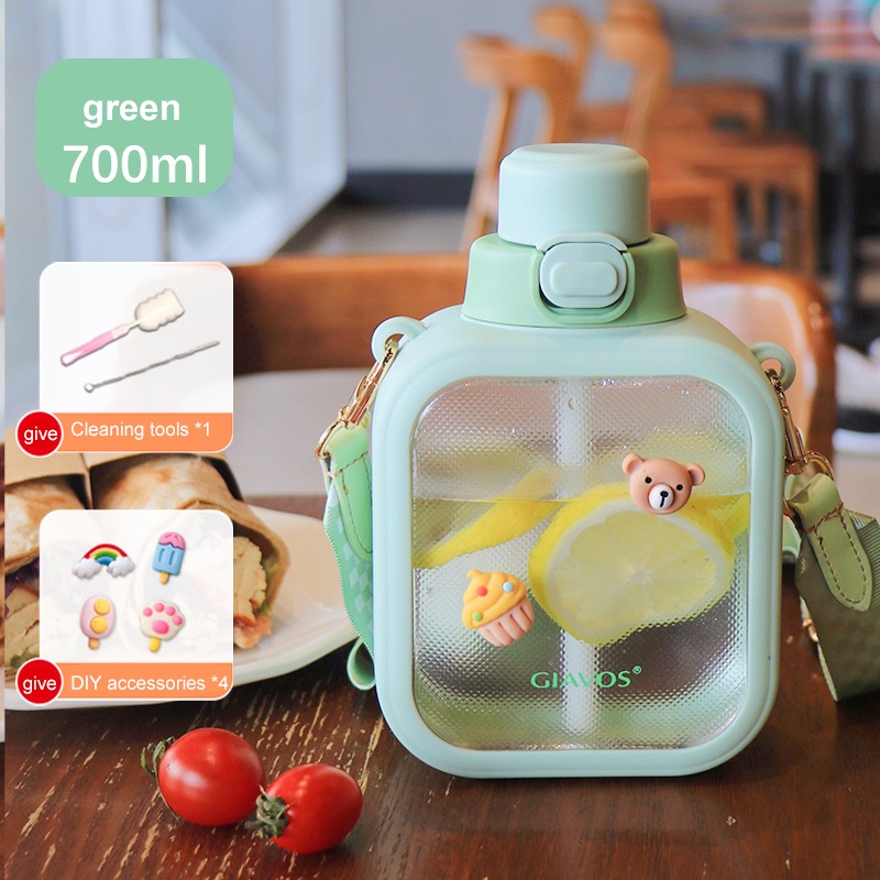 ღ 700Ml Cốc Nước Vuông Nước Bóng Đá Nữ Công Suất Lớn Giá Trị Cao Sứ Giả Dây Mùa Hè Cup cô Gái Dễ Thương Nước Trẻ Em Straw Cup