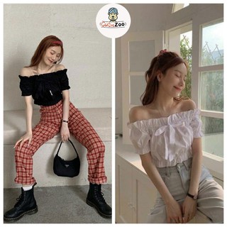 Áo trễ vai nữ buộc nơ kiểu croptop tay ngắn - CUTEZOO