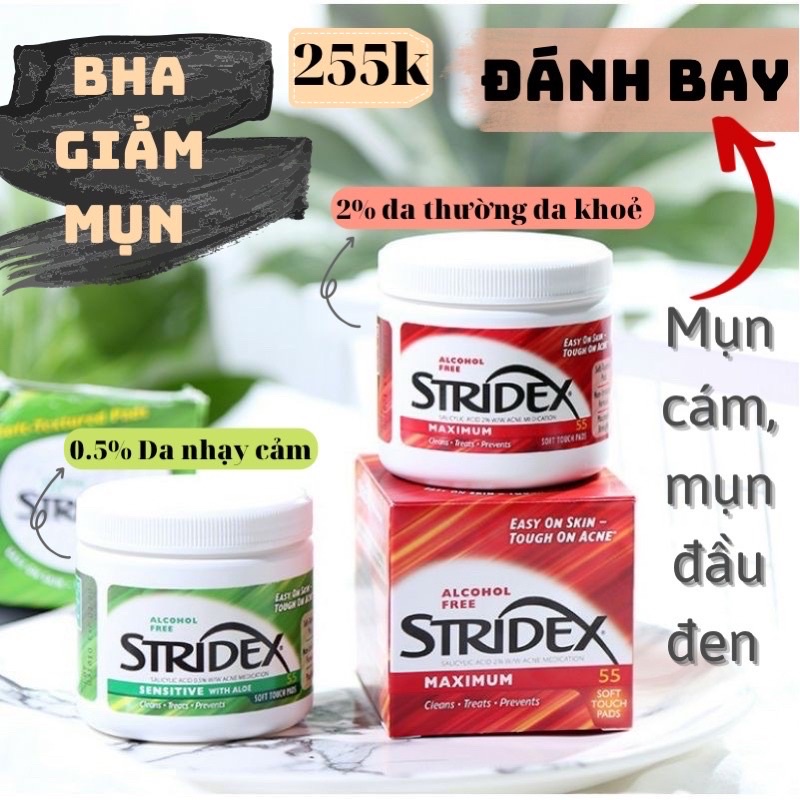 Pad lau giảm mụn siêu tốc Stridex bha 0,5 và 2% xanh da nhạy cảm đỏ da khoẻ maximum