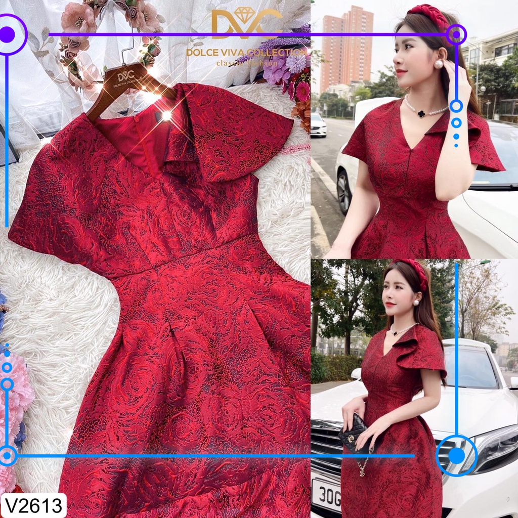 Váy xòe đỏ chất gấm Nhật cao cấp đứng form V2613