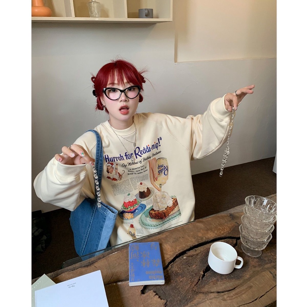 Áo Hoodie Mỏng Cổ Tròn Dáng Rộng In Họa Tiết Vintage Mỹ Thời Trang Xuân Thu Mới Cho Nữ