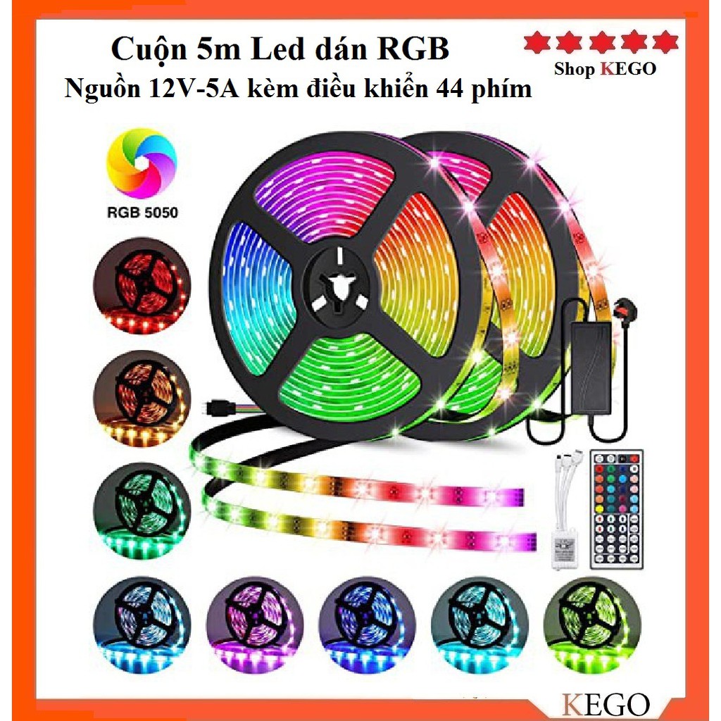 Bộ Led Dán Đổi Màu RGB 5m 5050 (Loại có Silicon Chống Nước)Có Điều Khiển Từ Xa 44 Phím (Mẫu mới nhất))