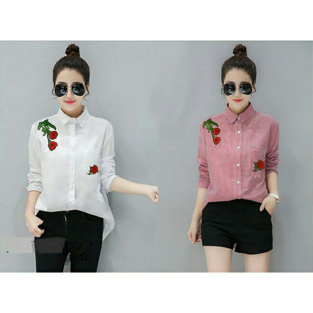 Áo sơ mi sọc gắn hoa 3D