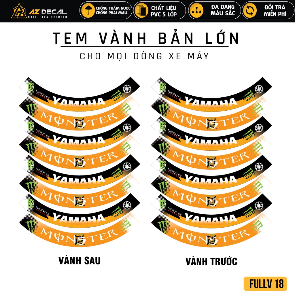 Tem Dán Vành Xe Máy Yamaha Monster | FullV18 | Decal Dán Mâm Niềng Exciter 150 155 NVX Sirius R15 V3...