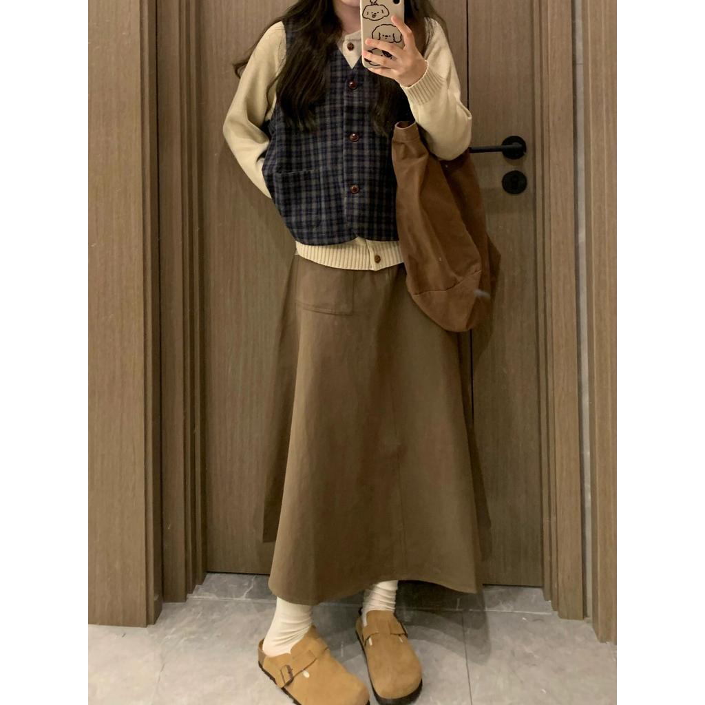 Bộ Áo Dệt Kim Dài Tay Dáng Rộng + Chân Váy Sọc Ca Rô Thời Trang retro Cho Nữ 68295