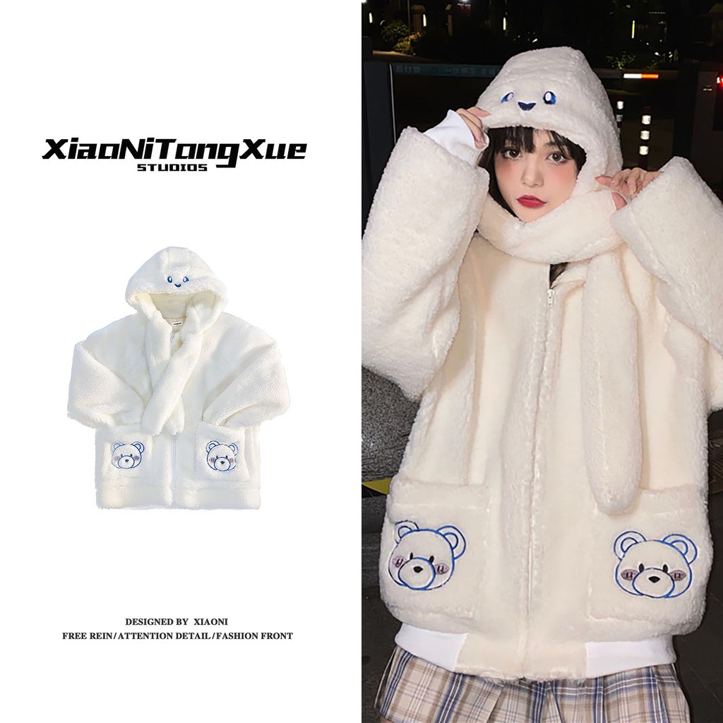 Áo Khoác Len Lông Cừu Có Mũ Trùm Dáng Rộng Phong Cách hip hop Harajuku Đường Phố Thu Đông Cho Nữ