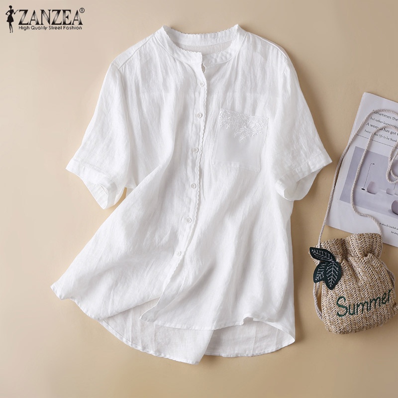 Zanzea Áo Thun Nữ Ngắn Tay Cổ Tròn Cài Nút Đơn Giản Thời Trang