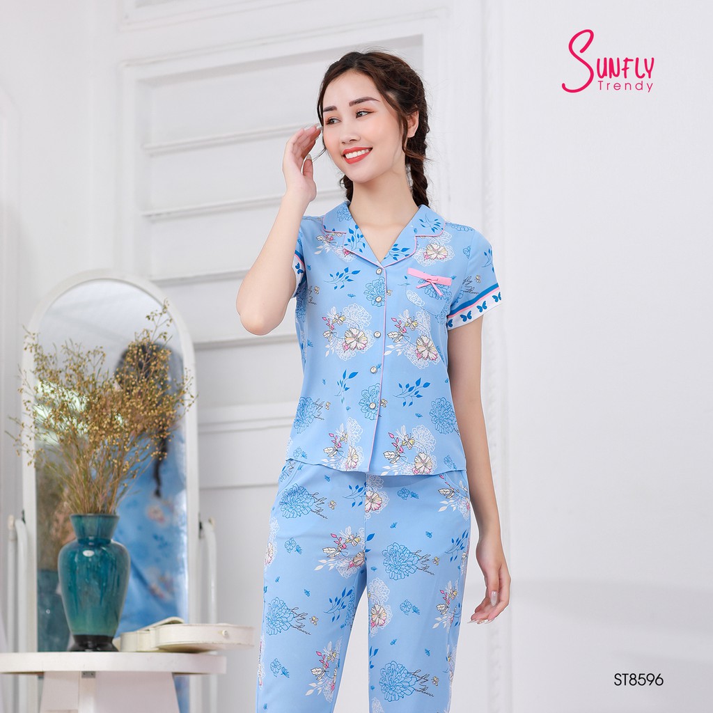 [Mã FAMALLT5 giảm 15% đơn 150k] Bộ pijamas Lụa áo cộc quần dài Sunfly ST8596