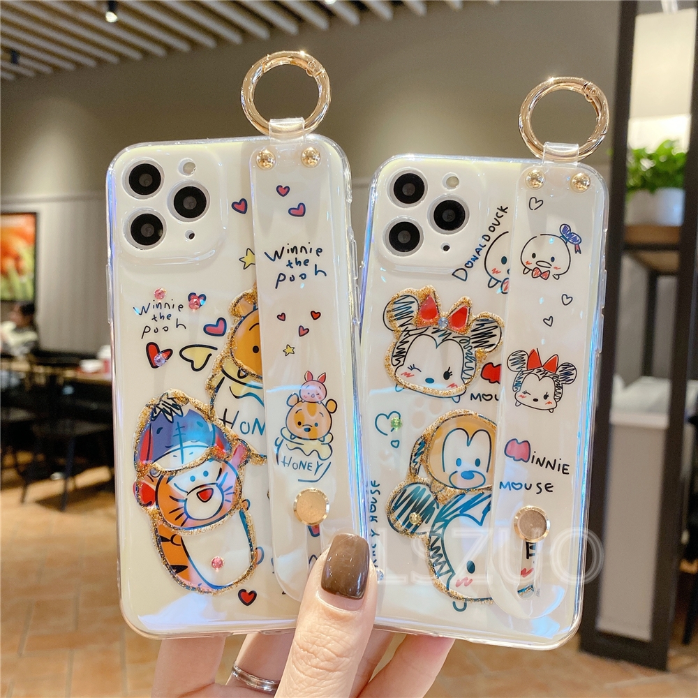 Ốp điện thoại mềm họa tiết gấu Pooh chuột Mickey kèm móc xỏ tay cho iPhone 12 Mini 12 Pro Max 11 Pro Max X XS XR