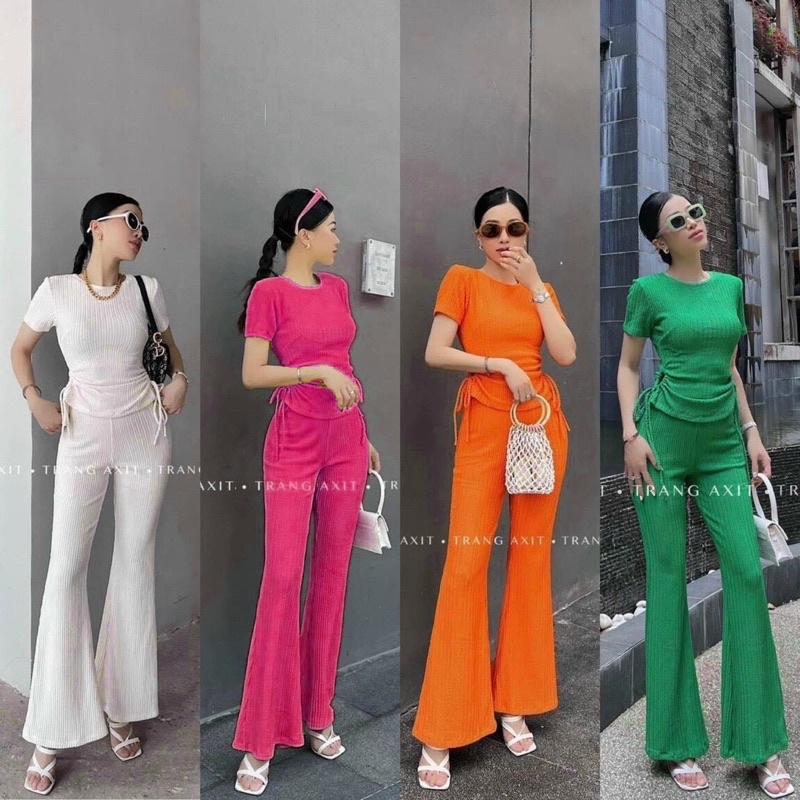 Set áo rút dây sườn + quần ống loe  phong cách sang chảnh, lịch sự cho bạn gái