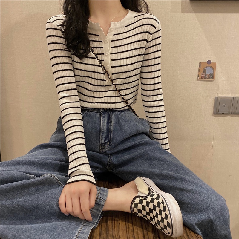 Áo len nữ mỏng kẻ sọc phong cách hàn quốc 2021, áo len nữ dài tay kẻ ngang thời trang thu đông | BigBuy360 - bigbuy360.vn