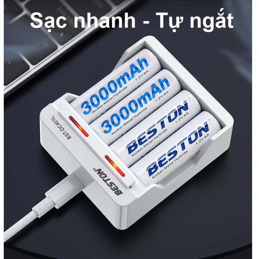 Bộ Sạc Pin AA, AAA DC401L Beston Tự ngắt khi đầy Tốc Độ Cao Led báo trạng thái sạc, Pin sạc AA 3000mAh Tặng kèm hộp đựng