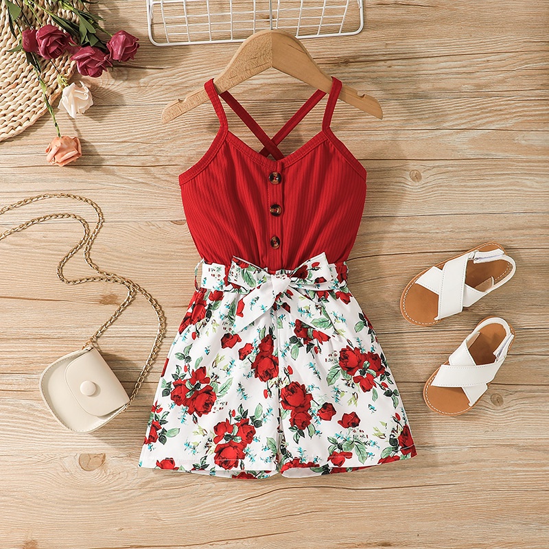 Body bé gái đồ từ 4 đến 7 Tuổi bodysuit liền thân Hồng Dễ Thương mùa hè hai dây In hoa quần áo cho bé trẻ em