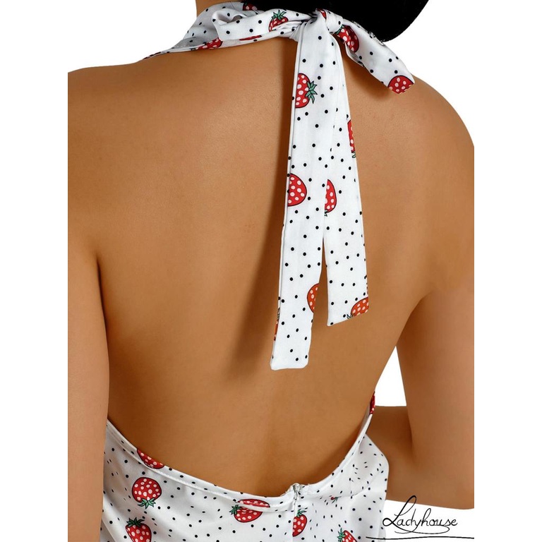 Ld-đầm Sát Nách Liền Thân Hở Lưng In Họa Tiết Quả Dâu/Hoa Thời Trang Mùa Hè Cho Nữ