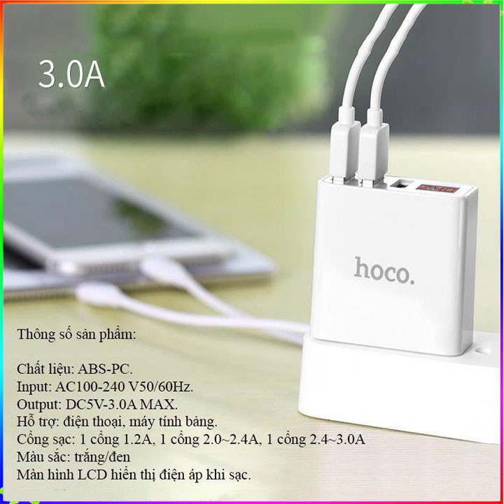 Sạc Điện Thoại 3 Cổng USB Hoco C15 - Màn Hình LCD Hiển Thị Điện Áp - Bảo Hành Chính Hãng 12T