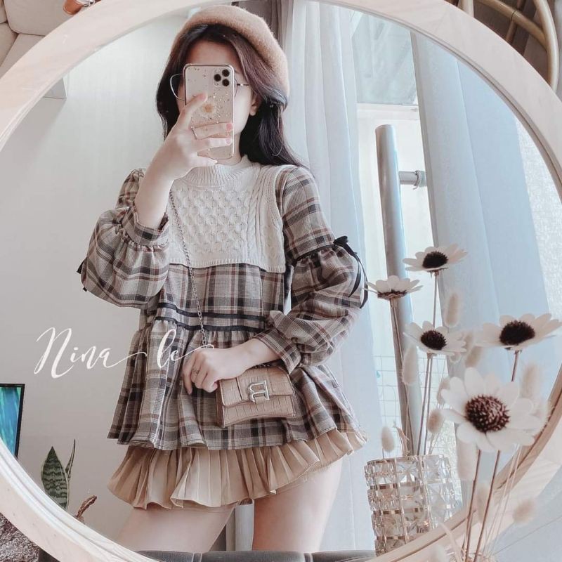 Áo babydoll kẻ caro phối len siêu xinh