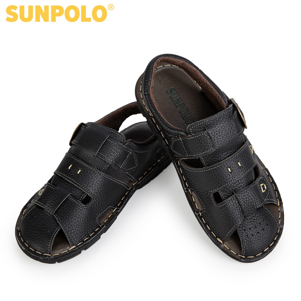 Sandal Bít Mũi Nam Da Bò Cao Cấp SUNPOLO Đen Nâu SDA020