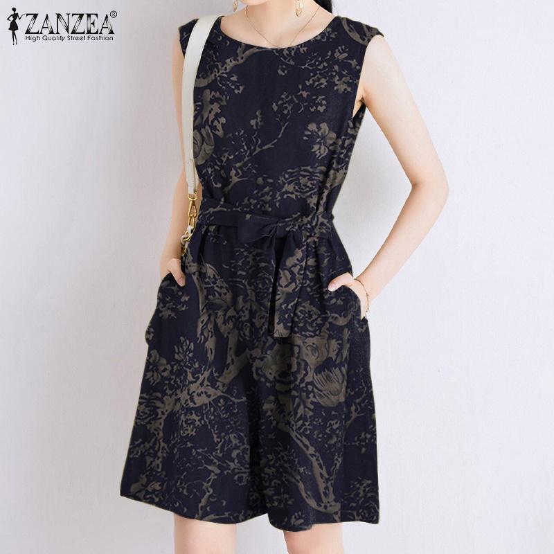 Áo liền quần ZANZEA sát nách dáng rộng có túi in họa tiết phong cách vintage thời trang dành cho nữ