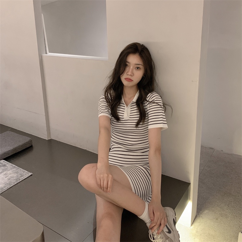SUXI Đầm Dệt Kim Tay Ngắn Cổ Polo Dáng Ôm Họa Tiết Kẻ Sọc Phong Cách Pháp Thời Trang Cho Nữ