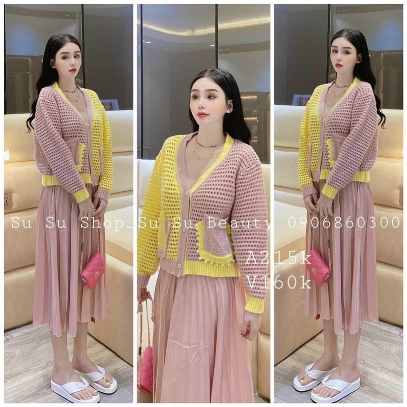 Áo khoác len cadigan phối màu đậm nhạt siêu iêu, len sợi siêu dày dặn