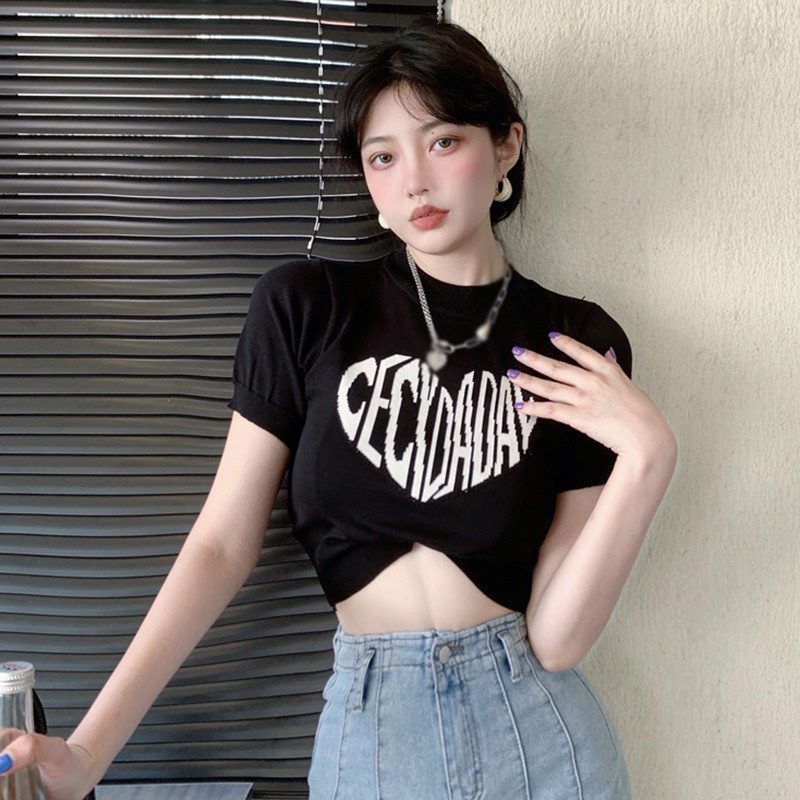 Áo Croptop Dệt Kim Tay Ngắn Cổ Tròn In Chữ Thời Trang Dành Cho Nữ