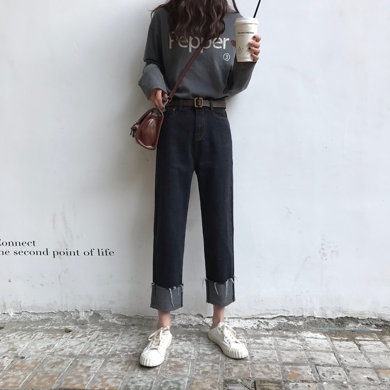 HN0217_Quần jeans suông xắn gấu basic