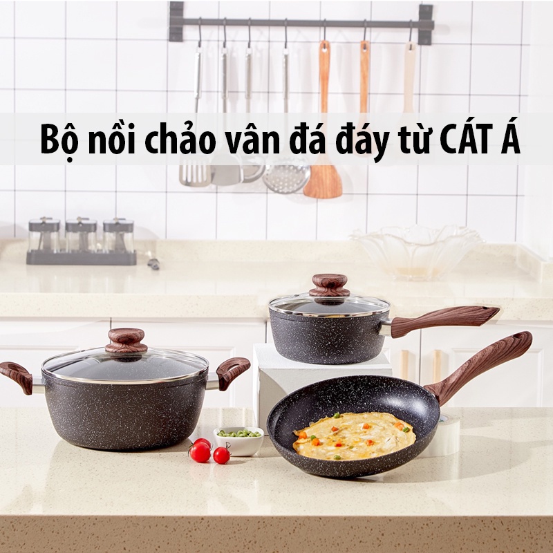 Bộ nồi chảo chống dính đáy từ vân đá để chiên, xào, nấu, hấp dùng được cho bếp từ bếp gas bếp hồng ngoại cao cấp VT124