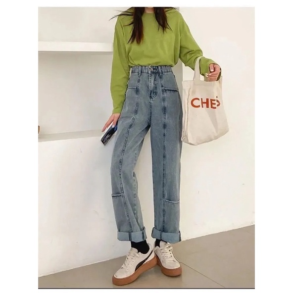 Quần Jean Nữ Ống Suông Đứng Màu Xanh Nhạt, Quần Bò Cạp Cao Basic Cá Tính Hot Trend Có Gân Đủ Size Loại 1 Style Ulzzang